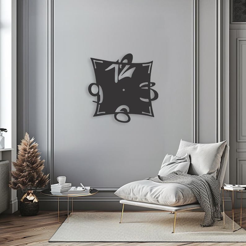 May include: A black metal wall clock with a square frame and a unique design. The numbers are stylized and appear to be floating around the clock face.