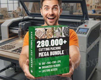 May include: A man holds a green box labeled "280,000+ Cutting Machine Mega Bundle" with "Ready-Cut Templates" and file type information. The box features images of laser-cut designs. A laser cutting machine is in the background.