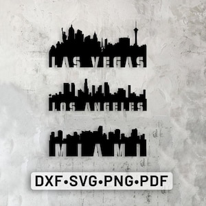 Silueta del horizonte de la ciudad, arte de pared, dxf, svg, Las Vegas, dxf, Los Ángeles, dxf, Miami, dxf, Las Vegas, silueta, Los Ángeles, silueta, Miami, png