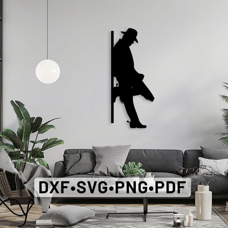 Pu&ograve; includere: Silhouette nera di una persona con un cappello da cowboy e stivali, appoggiata a un muro. La silhouette &egrave; un file digitale per progetti di taglio e artigianato. Il testo "DXF.SVG.PNG.PDF" &egrave; visualizzato sotto la silhouette.