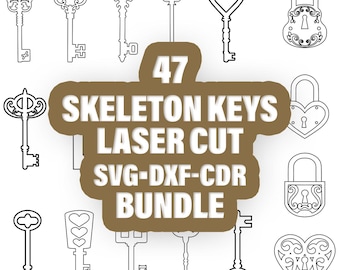 47 個のスケルトン キー レーザー カット DXF バンドル、スケルトン キー クリップアート、ビンテージ キー Cricut シルエット カット ファイル、ハウス キー SVG ファイル、アンティーク キー SVG
