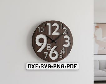 Visualisation de l'horloge murale Dxf CDR Bundle, fichier svg découpé au laser horloge murale, horloge murale décorative Glowforge svg, cricut numéros muraux dxf