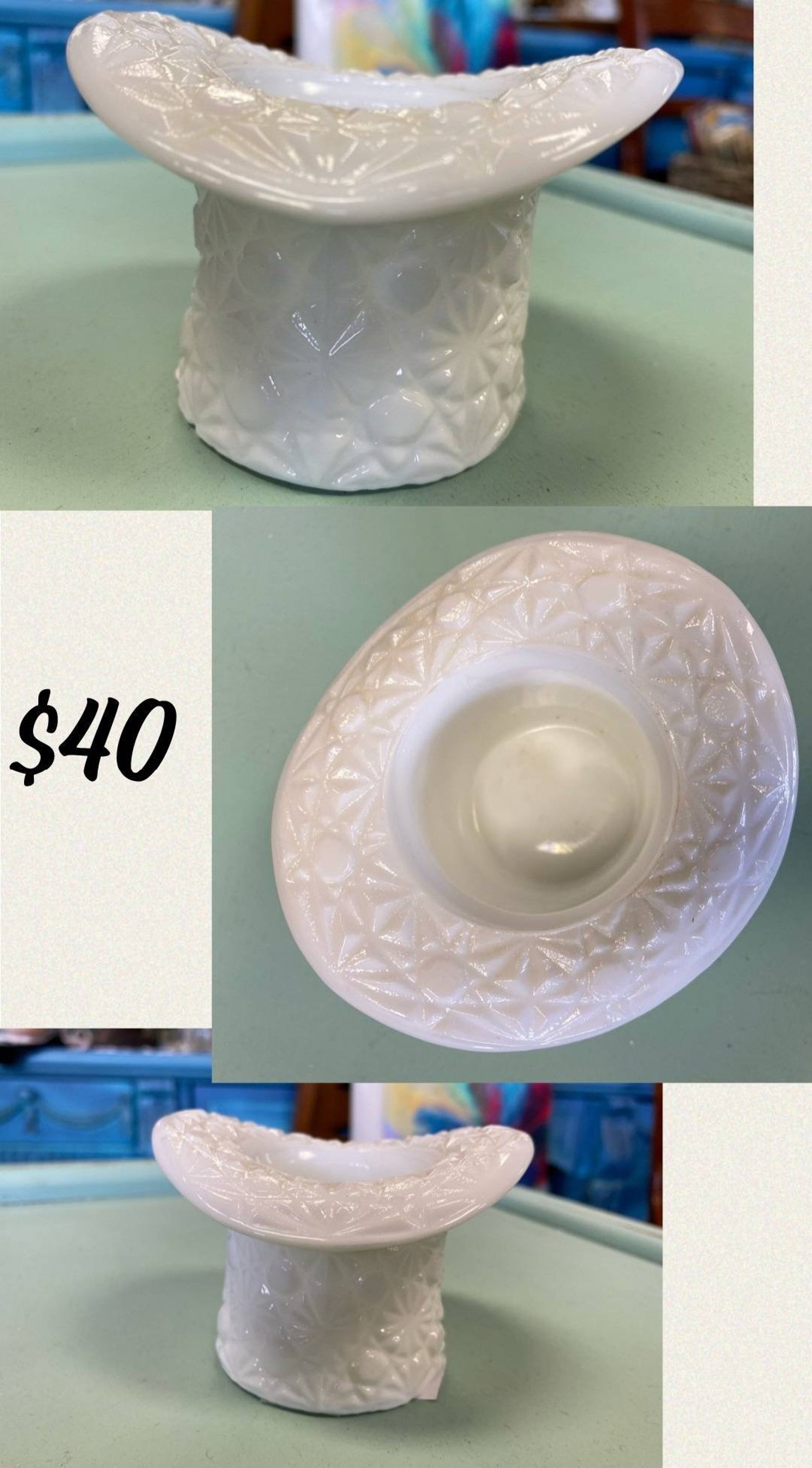 White fenton Top Hat glass Etsy