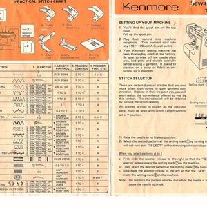 Puede incluir: Un manual de instrucciones para la máquina de coser Kenmore modelo 17622 con una tabla práctica de puntadas. La tabla enumera las diferentes puntadas, sus ajustes y el pie correspondiente a utilizar. El manual también incluye instrucciones sobre cómo configurar la máquina.