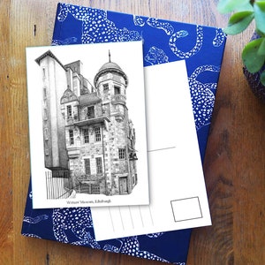 Museo de Escritores Postal de Edimburgo • Postal Arquitectónica en blanco • Dibujo de pluma y tinta, hecho a mano en Escocia • Regalo de viaje o Letterbox