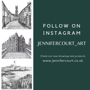 Puede incluir: Fondo verde oscuro con tres dibujos arquitect&oacute;nicos en blanco y negro. El texto dice &laquo;SIGUE EN INSTAGRAM JENNIFERCOURT_ART&raquo; y &laquo;Consulta nuevos dibujos y productos www.jennifercourt.co.uk&raquo;.