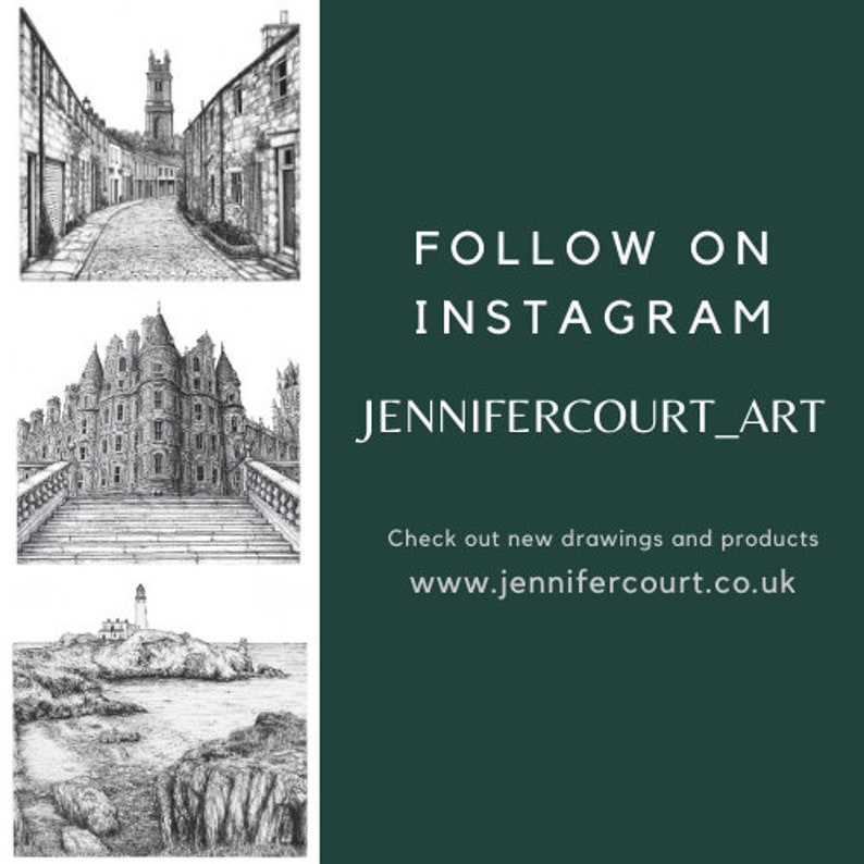 Puede incluir: Fondo verde oscuro con tres dibujos arquitect&oacute;nicos en blanco y negro. El texto dice &laquo;SIGUE EN INSTAGRAM JENNIFERCOURT_ART&raquo; y &laquo;Consulta nuevos dibujos y productos www.jennifercourt.co.uk&raquo;.