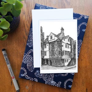 John Knox House, Edimburgo • Biglietto di auguri vuoto o biglietto di compleanno • Disegno architettonico a penna, fatto a mano in Scozia • Regalo per cassetta delle lettere