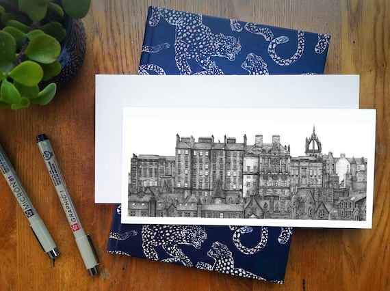 Old Town Skyline, Edinburgh • Blank Greetings Card or Birthday Card • Architectural pen & ink drawing, handmade in Scotland • Letterbox Gift