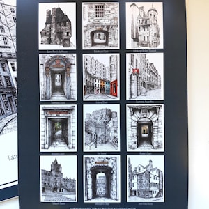 May include: A wall calendar featuring twelve black and white pen and ink architectural drawings of Edinburgh landmarks. Each square illustration is labeled with the location name, including Queen Mary's Bathhouse, Victoria Street, and John Knox House.