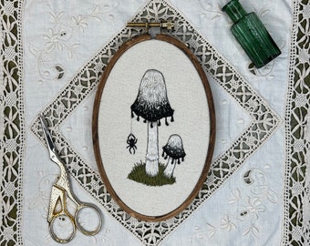 Ink Cap Mushroom - Embroidery Hoop Art