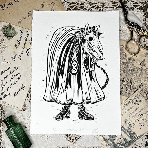 Poor Old Horse - Mari Lwyd Lino Cut Print