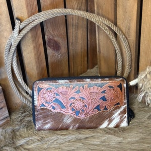 Western Cowhide and Tooled Leather Wallet, RFID Protected Wallet, The Barstow Wallet