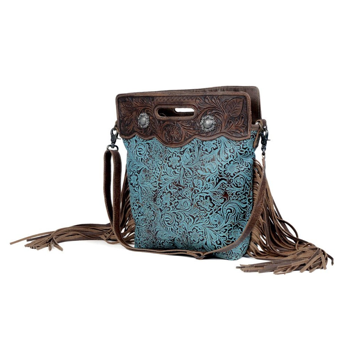 Myra Fringe Cross Body Bag Brown and Turquoise tooled Leather Etsy