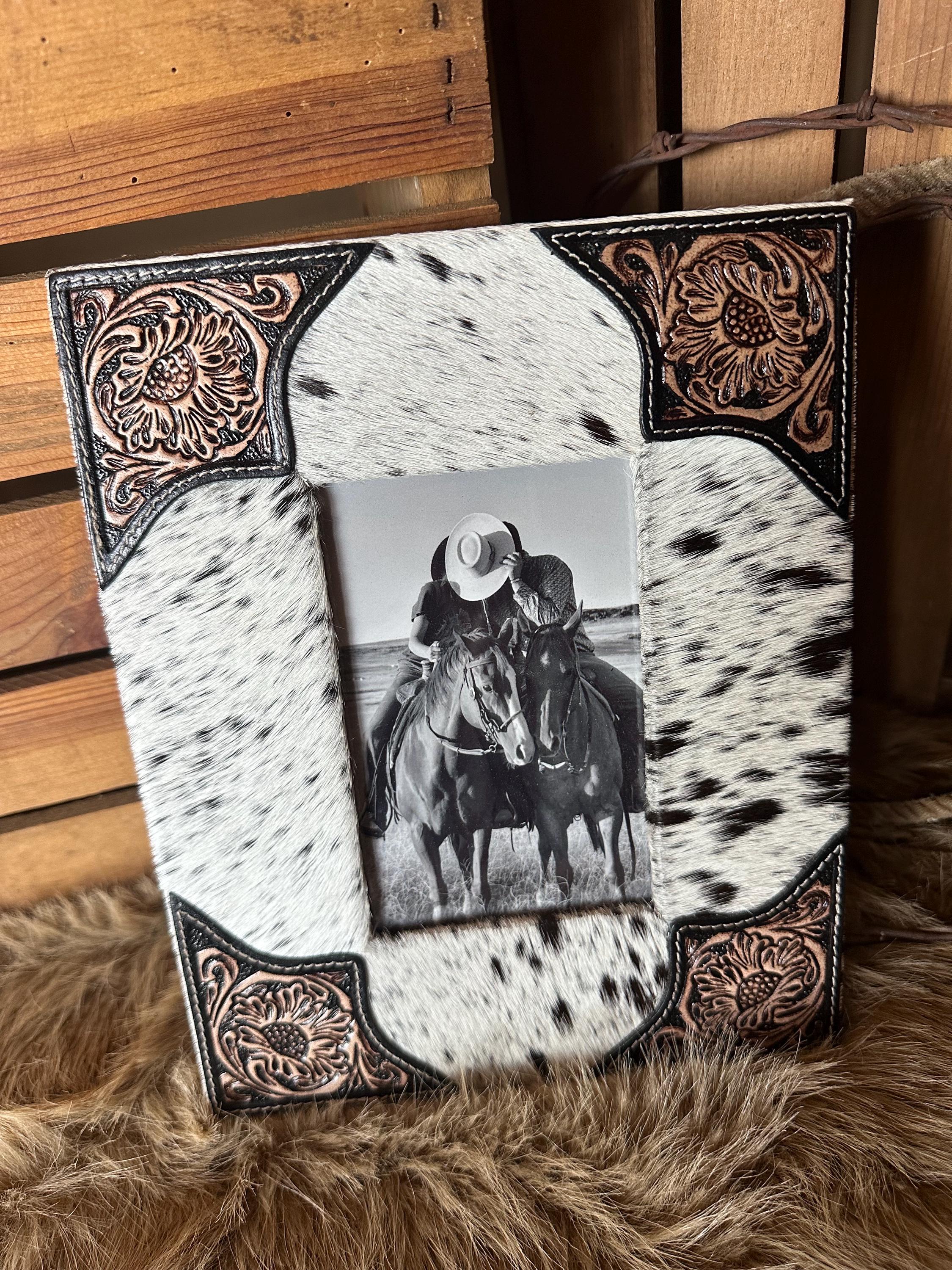 Cowhide and Tooled Leather Photo Frame: Western Picture Frame With ...