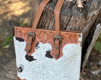 Western Cowhide Tote Bag, Leather Tote Bag, Western Purse, Western Bag, Hand Tooled Leather Purse, Laptop Bag, The Rio Bag