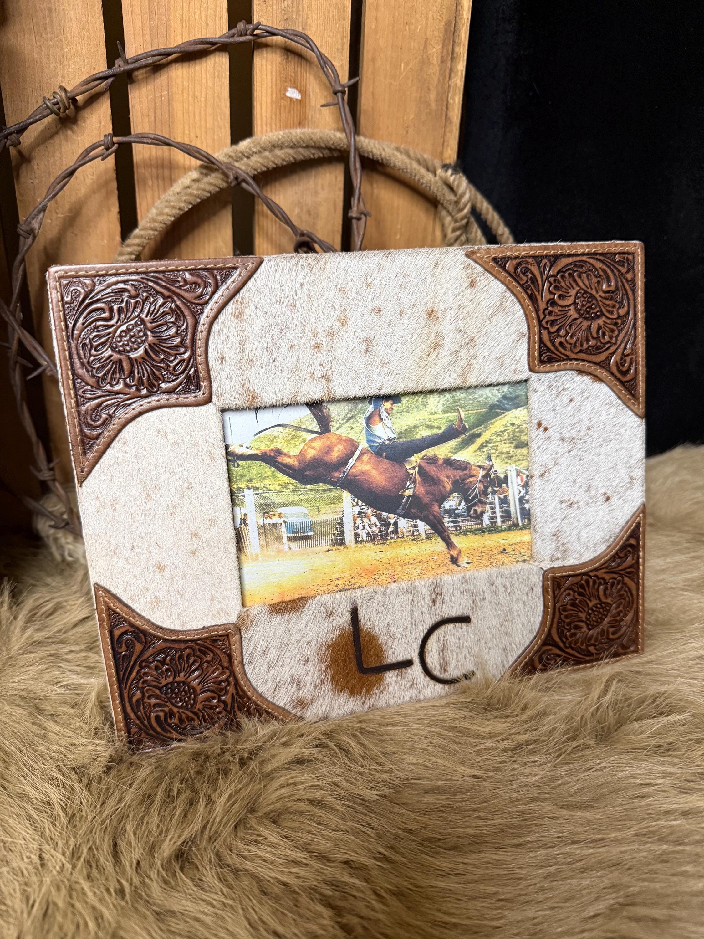 Cowhide and Tooled Leather Photo Frame: Western Picture Frame With ...