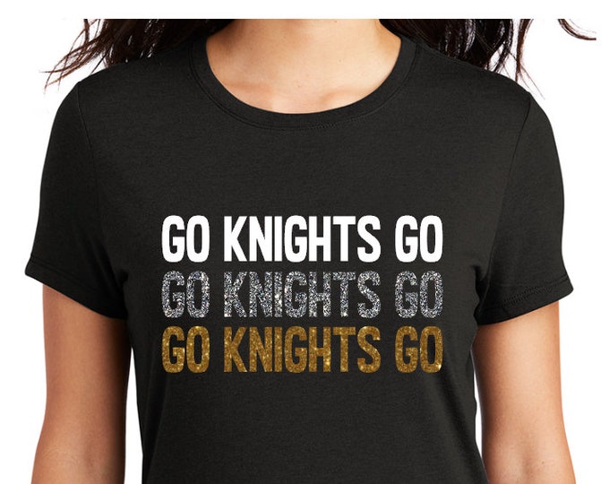 Tricolor stacked GO KNIGHTS GO on black tee/hoodie
