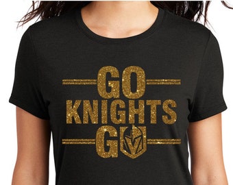 Go Knights Go VGK hockey glitter decal on black shirt