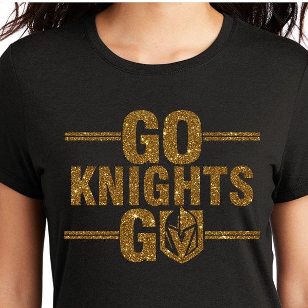 Go Knights Go VGK hockey glitter decal on black shirt