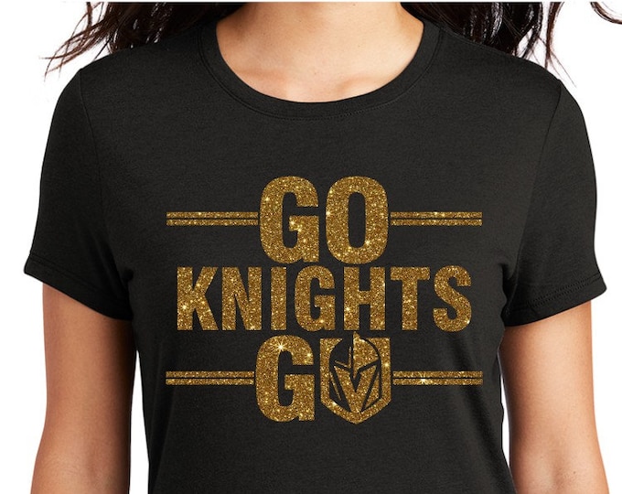 Go Knights Go VGK hockey glitter decal on black shirt