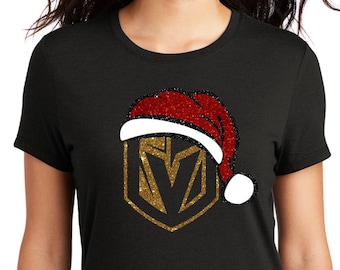 VGK Santa glitter decal on black shirt