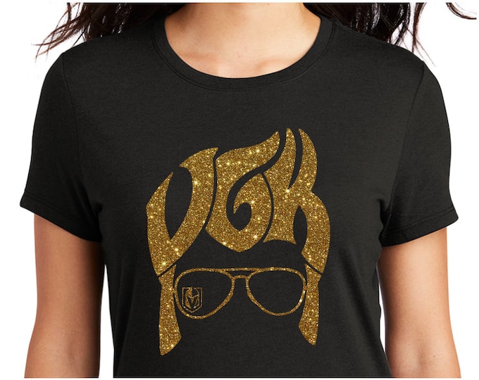 Elvis VGK Hair gold glitter decal on black tee.