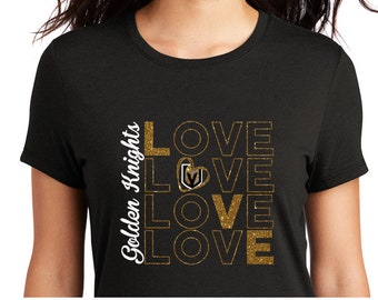 Stacked Love Knights with flat white and glitter accents decal on black shirt