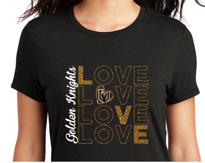 Stacked Love Knights with flat white and glitter accents decal on black shirt