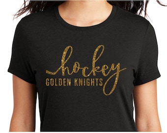 Hockey stick Golden Knights gold glitter decal on black shirt