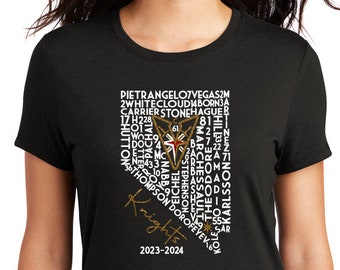 2023-24 Knights Roster in white matte print with gold and red glitter accent decal on black tee.