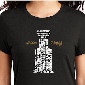 VGK Stanley Roster in white matte print with gold glitter accent decal on black tee.