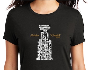 VGK Stanley Roster in white matte print with gold glitter accent decal on black tee.