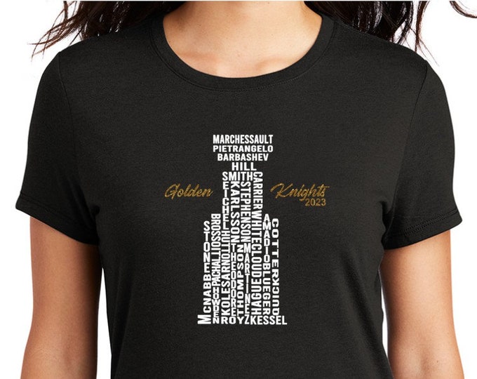 VGK Stanley Roster in white matte print with gold glitter accent decal on black tee.