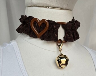 Chocolate Brown Ruffle adjustable collar with brown hardware and gold bell