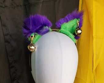 Mardi Gras inspired cat critter ears headband with gold bells