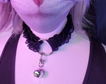 Black Lace Ruffle adjustable collar with silver hardware & bell