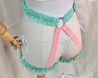 Bubblegum Pink and Mint Lace Ruffle Adjustable Tail Harness with Rainbow Hardware