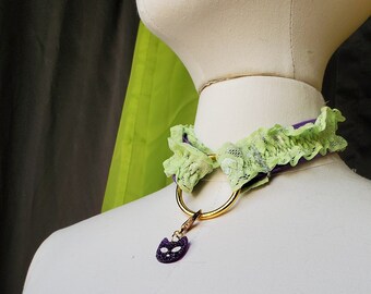 Mardi Gras inspired Lace Ruffle adjustable collar with gold hardware & purple cat charm