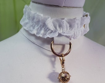 White Lace Ruffle adjustable collar with gold hardware & lace bell