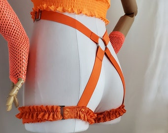 Orange Ruffle Adjustable Tail Harness with Silver Hardware