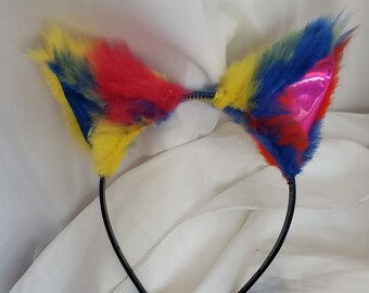 Rainbow faux fur & metallic vinyl kitten ears headband