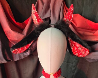 Red & Black Demon Goat Ears and Horns Headband with Red Bandana Details
