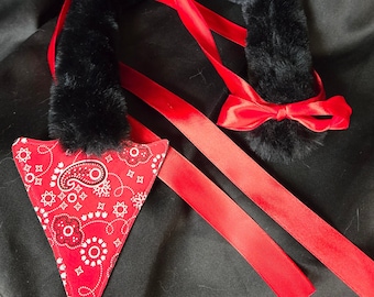 May include: A black faux fur tail with a red bandana and red ribbon bow. The tail is attached to a red ribbon.