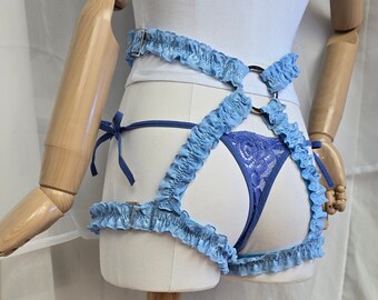 Baby Blue Lace Ruffle Adjustable Tail Harness with Silver Hardware