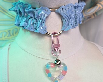 Baby Blue Lace Ruffle Adjustable Collar with Silver Hardware, Heart Charm and Silver Bell