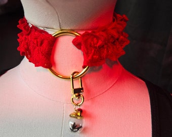 Red Lace Ruffle Adjustable Collar with Gold Hardware, Bubble Charm & Tiny Red Bell