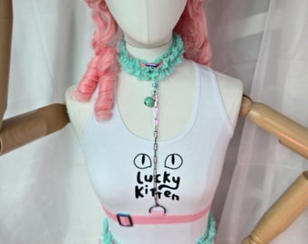 Bubblegum Pink & Mint Green Lace Ruffle adjustable collar chest harness with iridescent rainbow hardware and mint bell