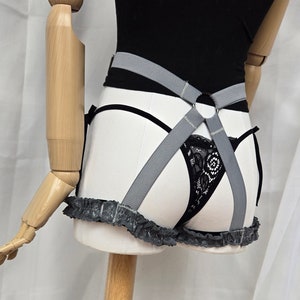 Gray Lace Ruffle Adjustable Tail Harness with Metallic Black Gunmetal Hardware