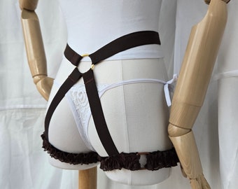 Chocolate Brown Ruffle Adjustable Tail Harness with Brown & Gold Hardware and Heart Charm